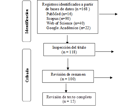 Registros identificados a partir de bases de datos (n =168 )
PubMed (n=16)
Scopus (n=90)
Web of Science (n=40)
Google Académico (n=22)

,Inspección del título 
(n = 118)
,Revisión de resumen
(n = 100)
,Revisión de texto completo
(n = 15)
,Identificación,Cribado